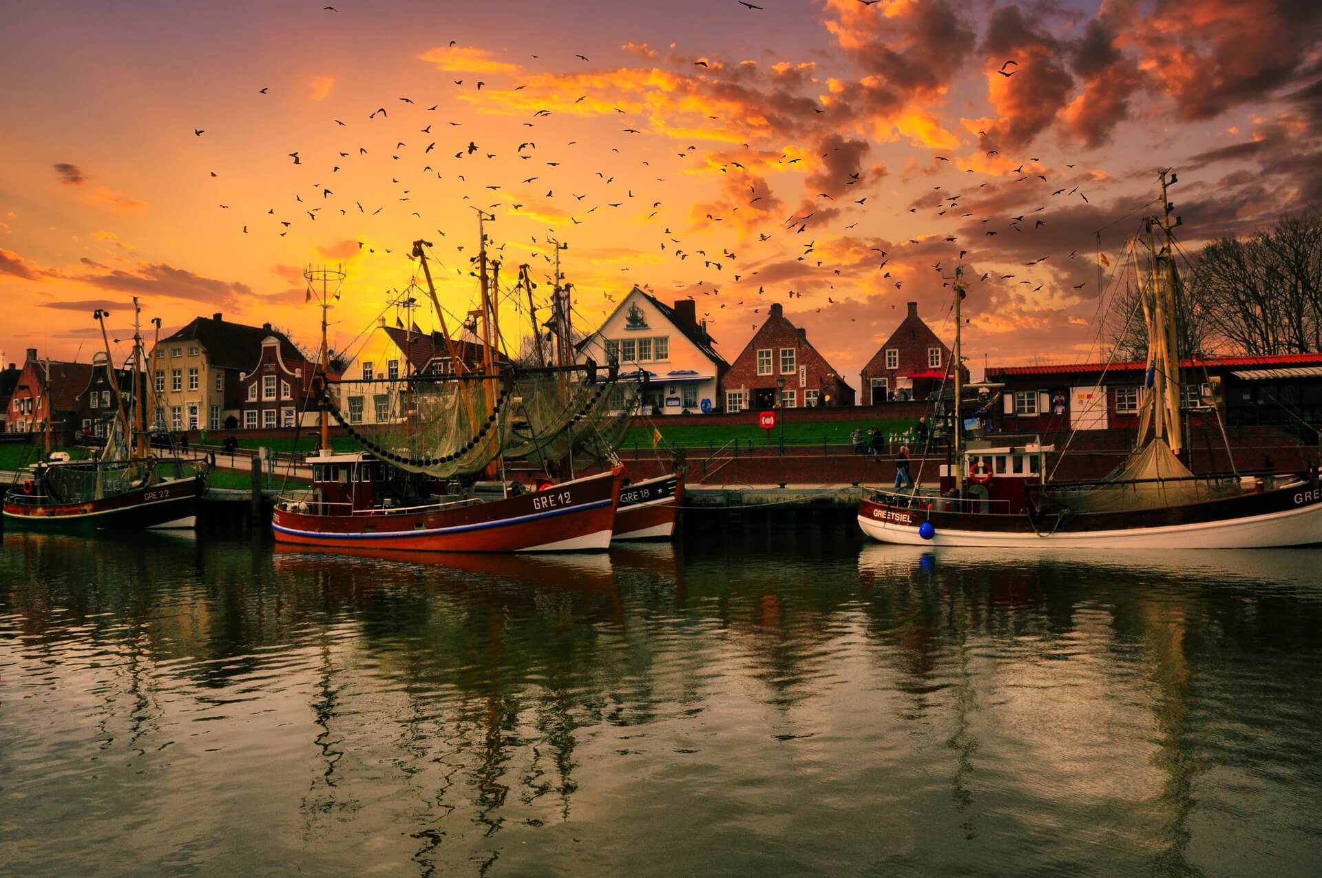 zonsondergang in de haven van emmen met vissersboten en vogels